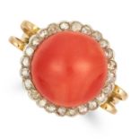 A CORAL AND DIAMOND RING set with a circular coral bead of 12.4mm, and rose cut diamonds, size N /