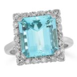 AN AQUAMARINE AND DIAMOND CLUSTER RING set with an emerald cut aquamarine of 6.23 carats in a border