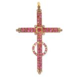 AN ANTIQUE RUBY AND DIAMOND CROSS PENDANT designed as cross and halo, jewelled with old cut rubies