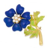 A PEARL, DIAMOND AND ENAMEL FLOWER BROOCH set with a round cut diamond in a border of pearls and