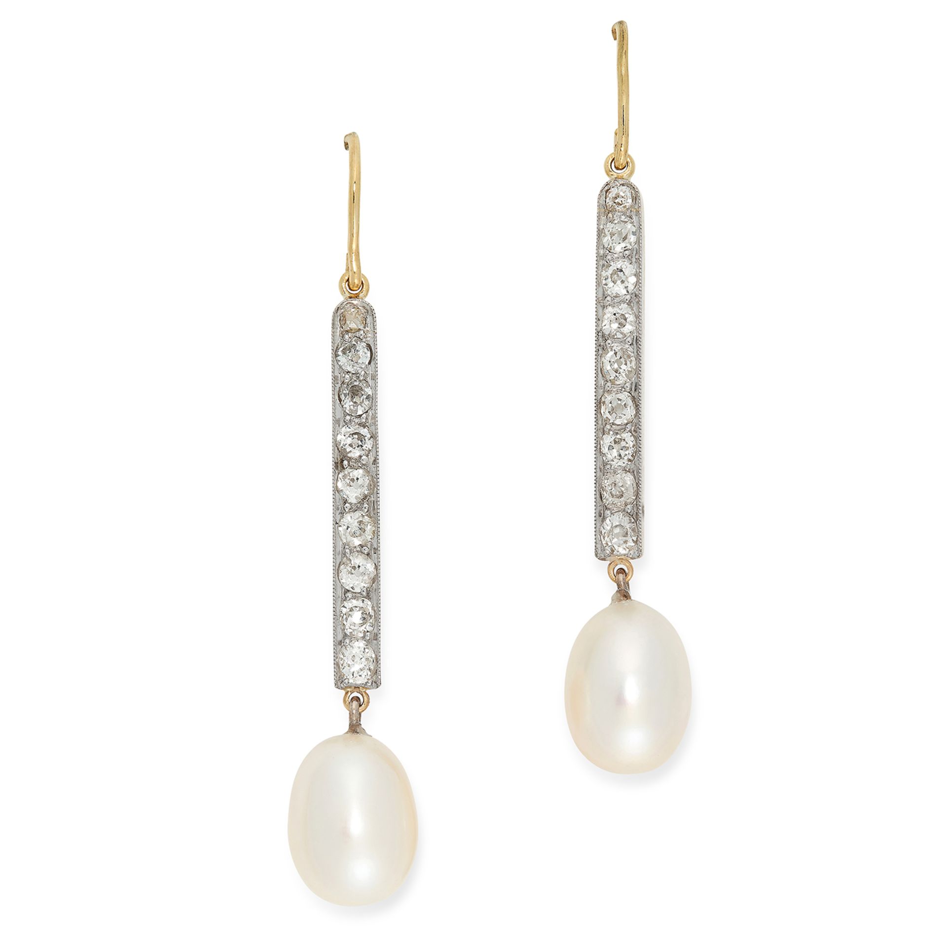 A PAIR OF PEARL AND DIAMOND DROP EARRINGS each designed as a baton set with old cut diamonds,