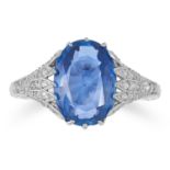 A SAPPHIRE AND DIAMOND DRESS RING set with an oval cut sapphire of 3.51 carats, between diamond