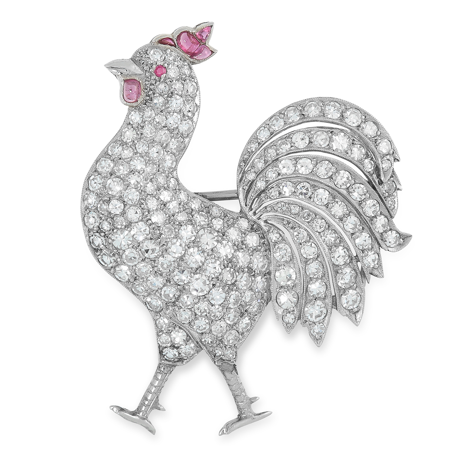 AN ANTIQUE DIAMOND AND RUBY COCKEREL BROOCH the body jewelled with single cut diamonds totalling