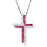 RUBY AND DIAMOND CROSS PENDANT set with step cut rubies and round cut diamonds, 3.5cm, 6.3g.