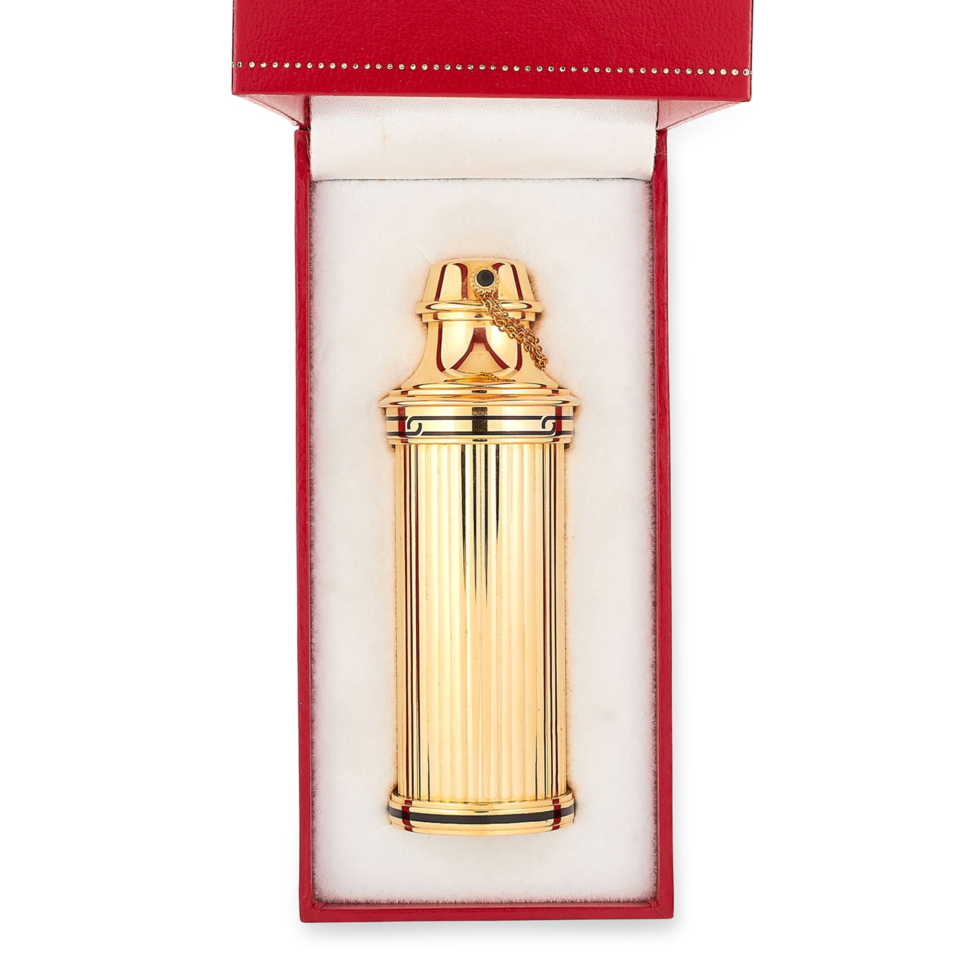 A PERFUME ATOMISER, CARTIER set with black enamel and a sapphire, signed Cartier, 10 cm x 4cm, 136g.