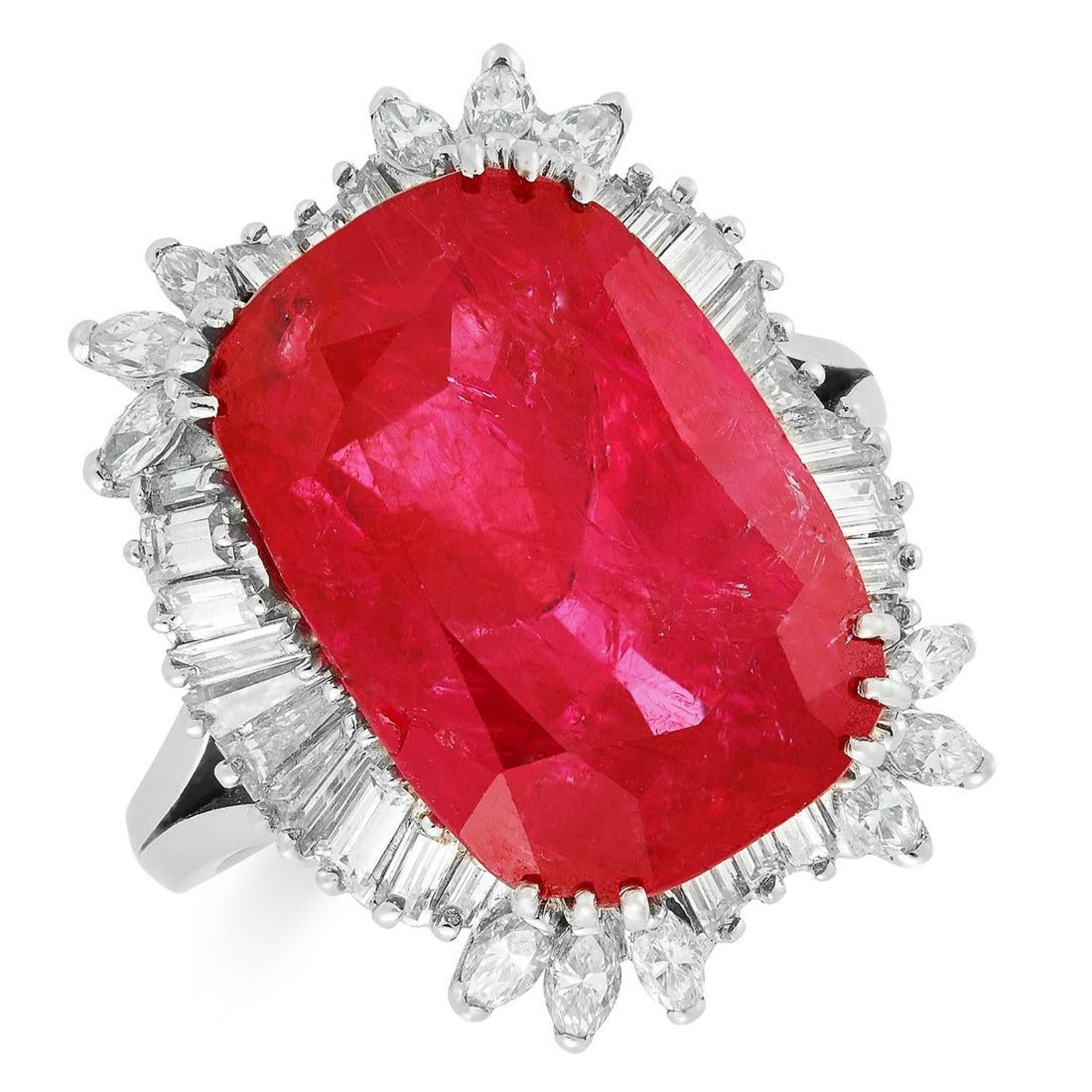 A BURMA NO HEAT RUBY AND DIAMOND RING set with a cushion cut ruby of 14.67 carats encircled by a - Bild 4 aus 5