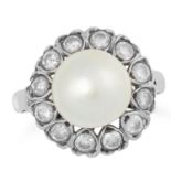 A NATURAL PEARL AND GEMSTONE CLUSTER RING set with a pearl in a border of round cut white gemstones,