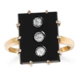 ART DECO ONYX AND DIAMOND DRESS RING the polished onyx set with three transitional cut diamonds,