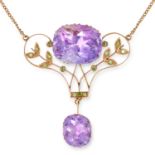 RUSSIAN AMETHYST AND GARNET PENDANT NECKLACE set with cushion cut amethysts and round cut garnets,