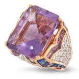 AMETHYST DIAMOND AND SAPPHIRE DRESS RING set with a central emerald cut amethyst of approximately 24