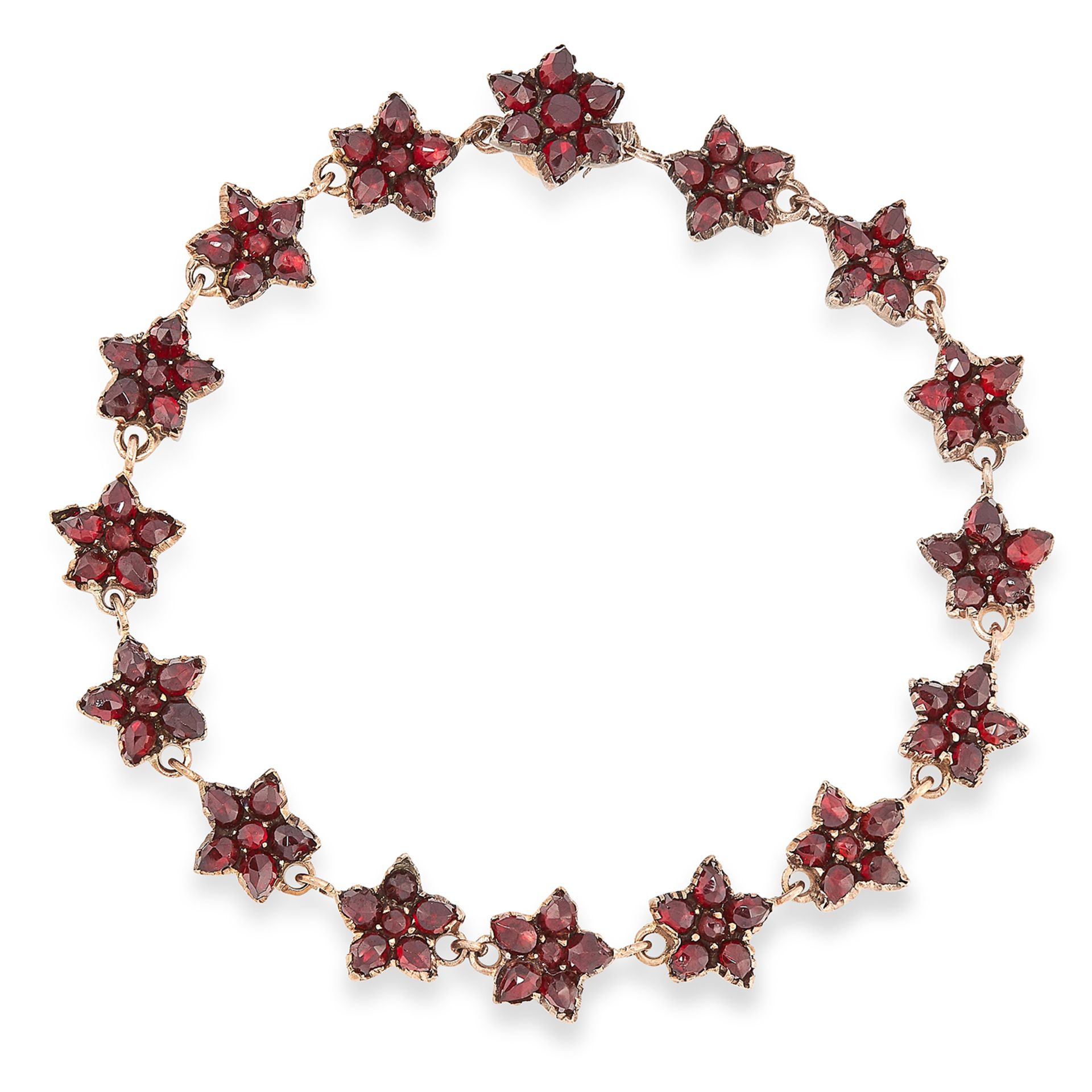 AN ANTIQUE GARNET BRACELET, 19TH CENTURY comprising a single row of floral cluster motifs set with