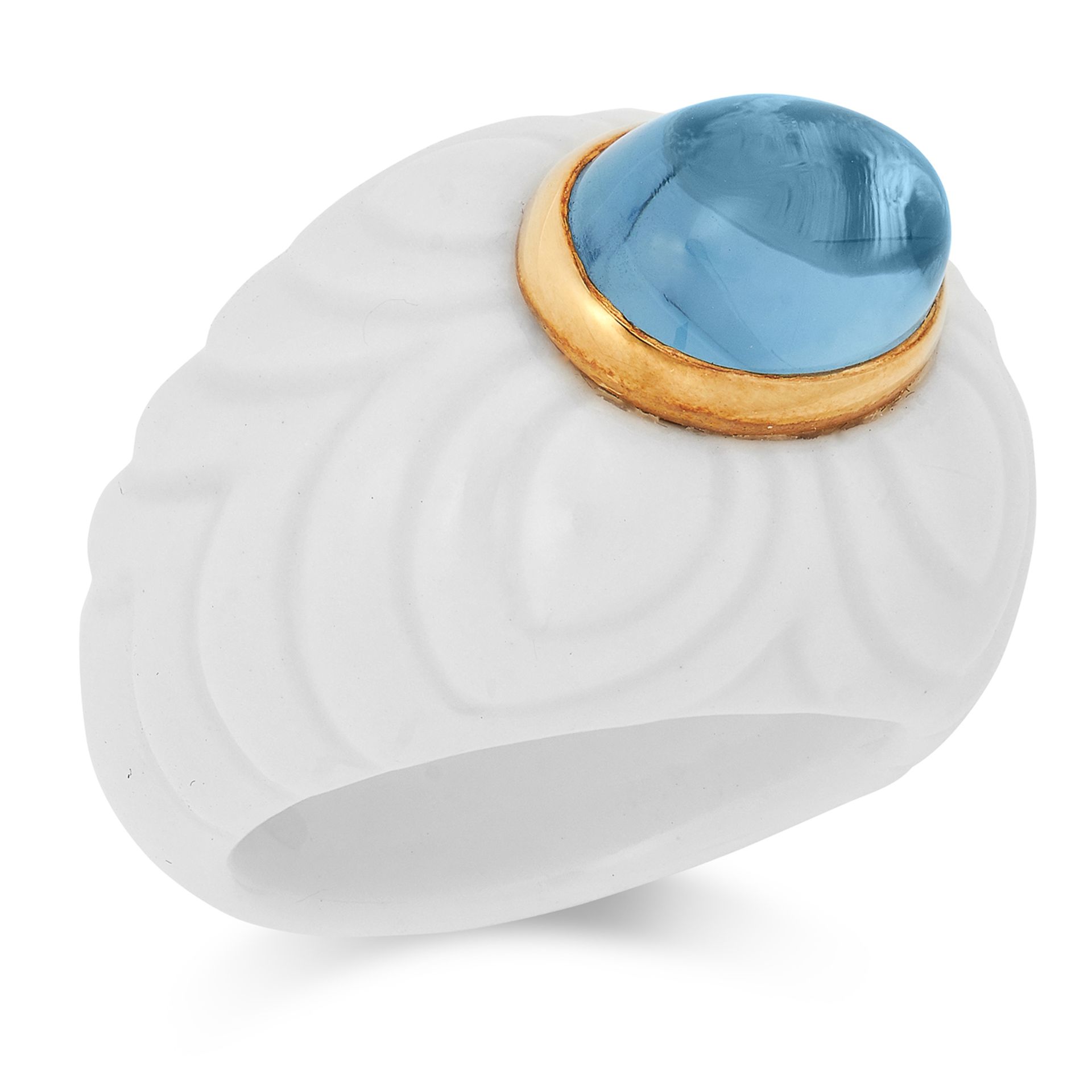 A BLUE TOPAZ CHANDRA RING, BULGARI with a cabochon topaz on a ceramic band, signed Bvlgari, size L /