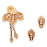 A VINTAGE EARRING AND BROOCH SUITE, SANNIT & STEIN designed as foliate motifs suspending tassels,