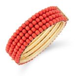 CORAL BANGLE set with four rows of coral beads, 6cm inner diameter, 46.1g.