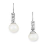 A PAIR OF PEARL AND DIAMOND EARRINGS each set with two diamonds suspending a pearl, 2.2cm, 2.6g.