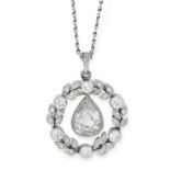 AN ANTIQUE DIAMOND PENDANT set with a central pear cut diamond of 1.83 carats in a foliate