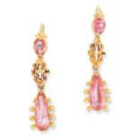 ANTIQUE PINK TOPAZ DROP EARRINGS, CIRCA 1800 the articulated bodies set with pear cut pink topaz,