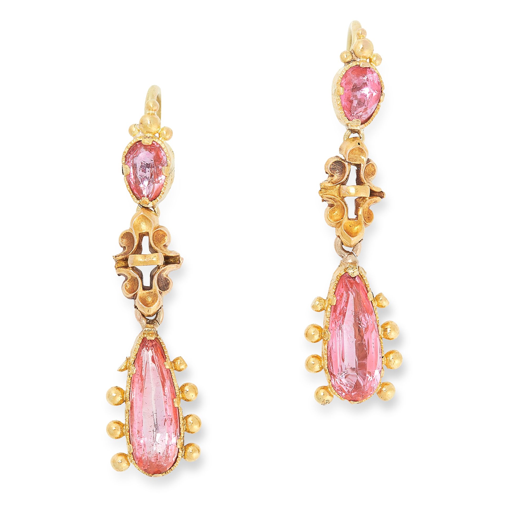 ANTIQUE PINK TOPAZ DROP EARRINGS, CIRCA 1800 the articulated bodies set with pear cut pink topaz,