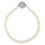 A CULTURED PEARL AND DIAMOND NECKLACE comprising of a single row of pearls ranging 9.3-10.5mm,