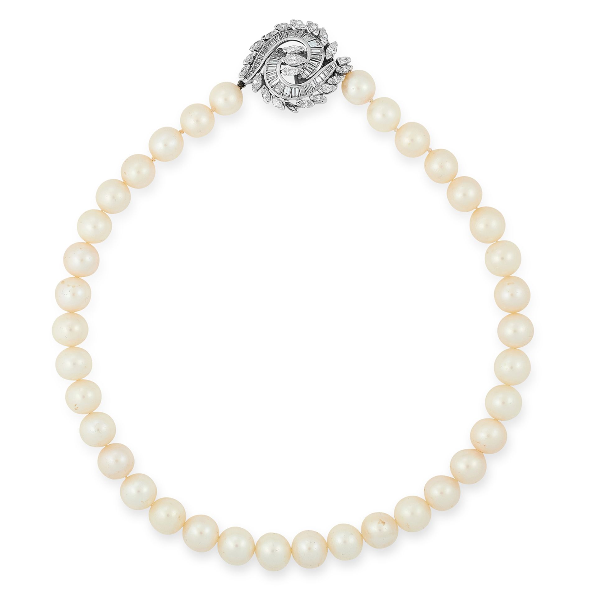 A CULTURED PEARL AND DIAMOND NECKLACE comprising of a single row of pearls ranging 9.3-10.5mm,