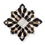 A DIAMOND AND ENAMEL BROOCH, DAVID WEBB set with black enamel and round cut diamonds, 5.5cm, 46g.