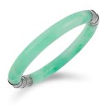 JADE BANGLE comprising of two pieces of polished jade, 6cm inner diameter, 41.6g.