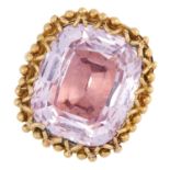 AN ANTIQUE PINK TOPAZ DRESS RING set with a cushion cut pink topaz of 20.30 carats, within a