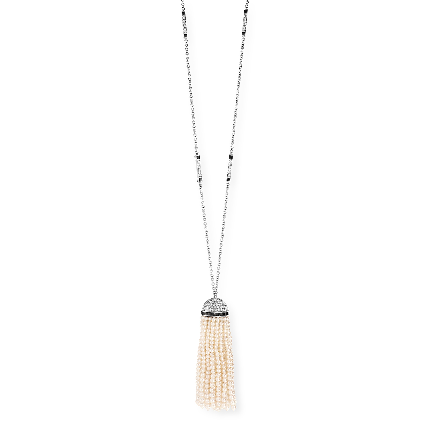 A PEARL, DIAMOND AND ONYX TASSEL PENDANT NECKLACE in Art Deco design set with round cut diamonds,