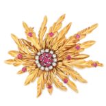 A VINTAGE RUBY AND DIAMOND FLOWER SPRAY BROOCH set with round cut rubies and diamonds, 5.9cm, 20.