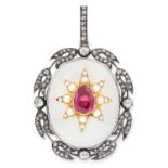 AN ANTIQUE BURMA RUBY AND ROCK CRYSTAL LOCKET set with rose cut diamonds and pearls, 5.5cm, 25.6g.