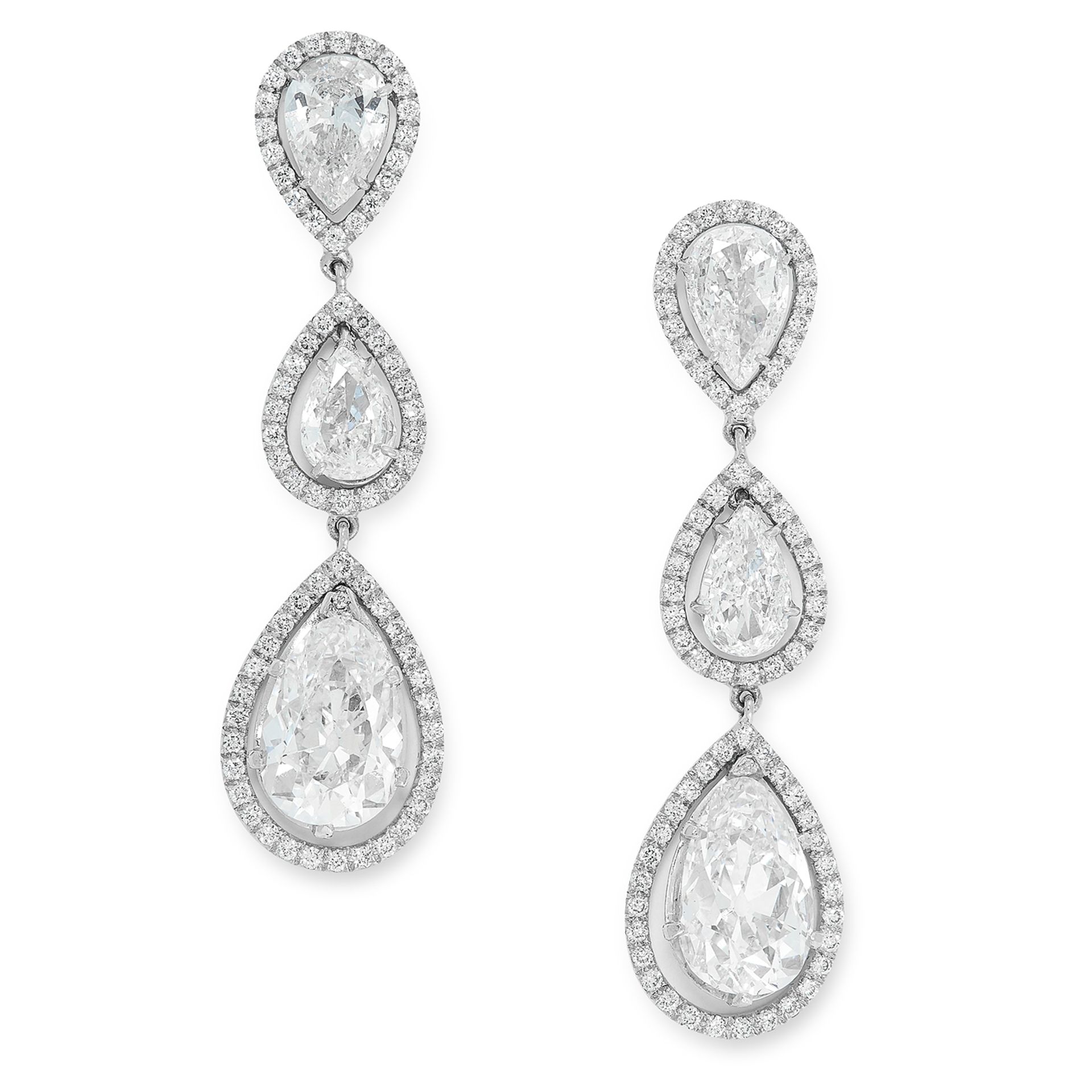 A PAIR OF D COLOUR DIAMOND DROP EARRINGS each designed as a trio of graduated pear cut diamonds