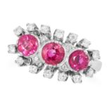 BURMA NO HEAT RUBY AND DIAMOND DRESS RING set with three round cut Burma rubies