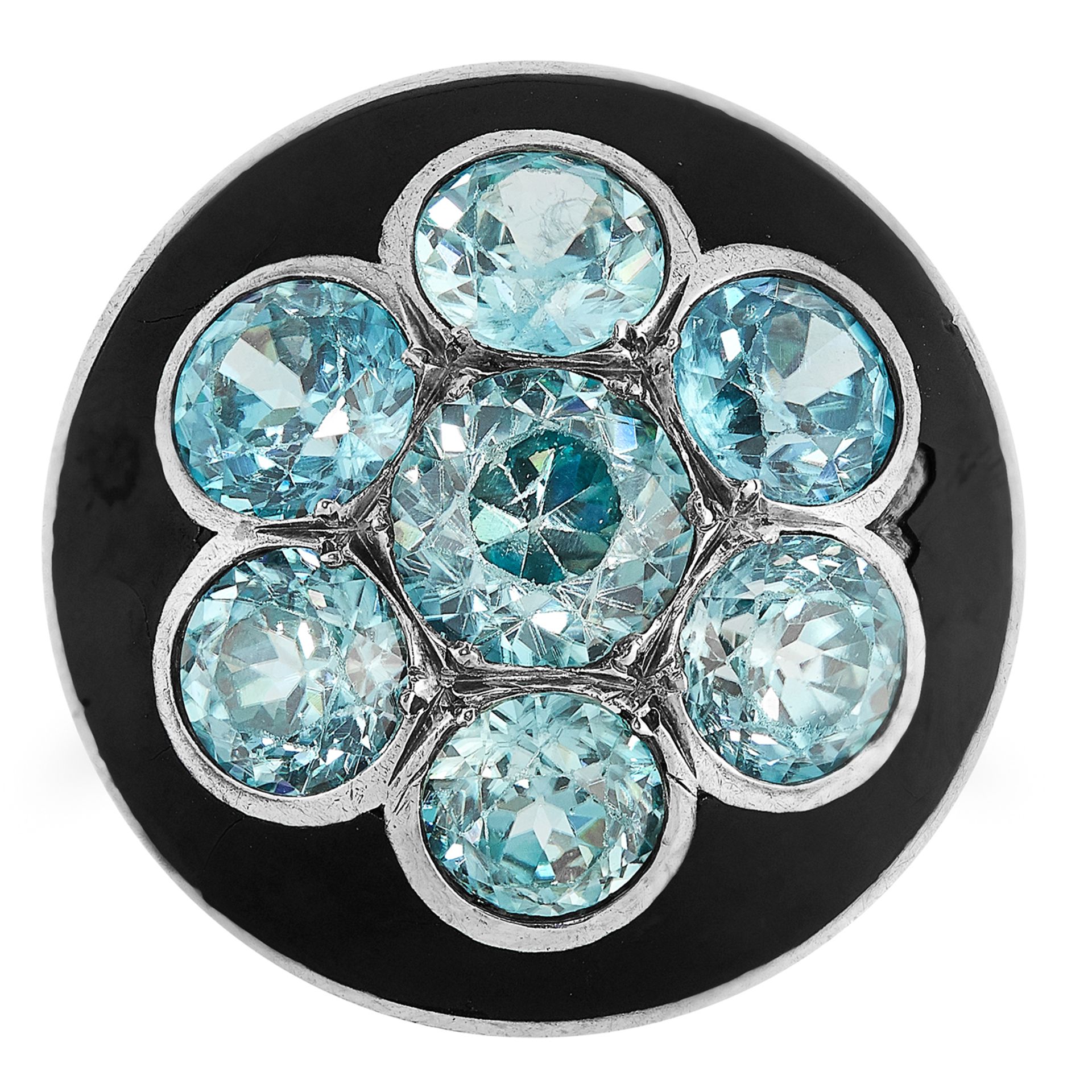 A BLUE ZIRCON AND ENAMEL DRESS RING the circular bombe face jewelled with a cluster of seven round