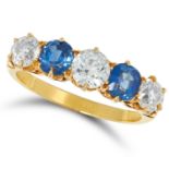 A SAPPHIRE AND DIAMOND FIVE STONE RING set with round cut diamonds and round cut sapphires, unmarked