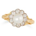 A NATURAL PEARL AND DIAMOND CLUSTER RING set with a central natural pearl in a cluster of old cut