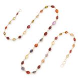 A MULTICOLOURED GEMSET SAUTOIR NECKLACE set with oval cut red, orange, green and yellow gemstones,