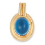 A BLUE TOPAZ PENDANT set with a cabochon topaz in gold border, 2.5cm, 6.6g.