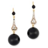 A PAIR OF ONYX AND DIAMOND EARRINGS each set with round cut diamonds and two polished onyx beads,