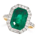 EMERALD AND DIAMOND CLUSTER RING set with an emerald cut emerald in a border of round cut