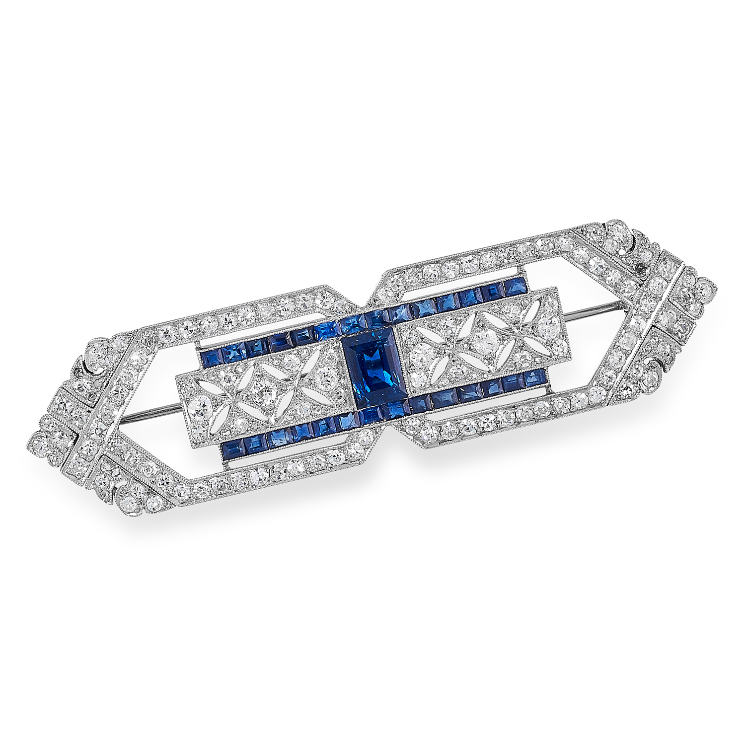 AN ART DECO DIAMOND AND SAPPHIRE BROOCH set with step cut sapphires and round cut diamonds, signed