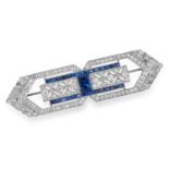 AN ART DECO DIAMOND AND SAPPHIRE BROOCH set with step cut sapphires and round cut diamonds, signed