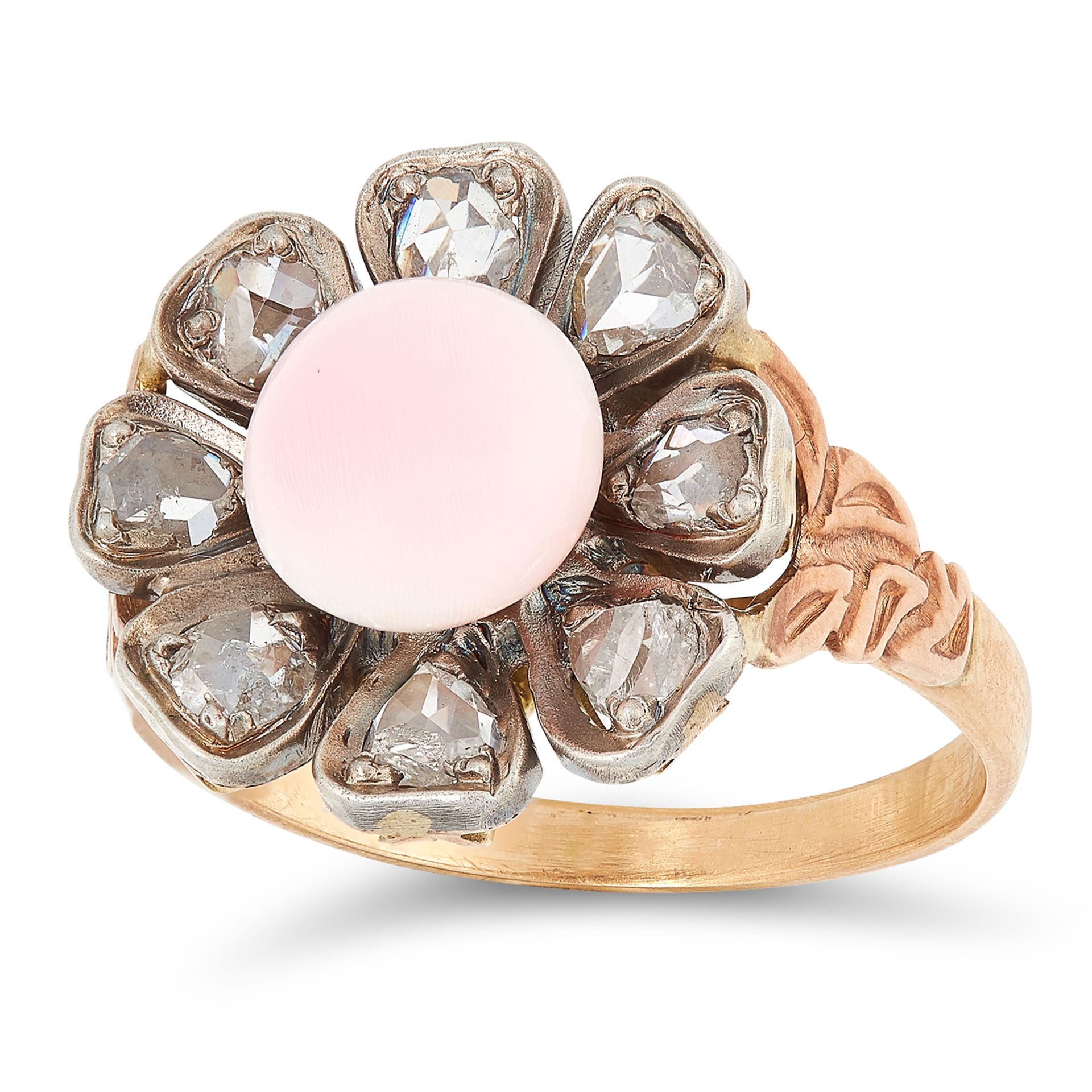 ANTIQUE CONCH PEARL AND DIAMOND CLUSTER RING set with a central conch pearl of 7.9mm in a cluster of