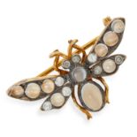 A MOONSTONE AND DIAMOND BUG BROOCH set with cabochon moonstones and round cut diamonds, 2.5cm, 2.9g.