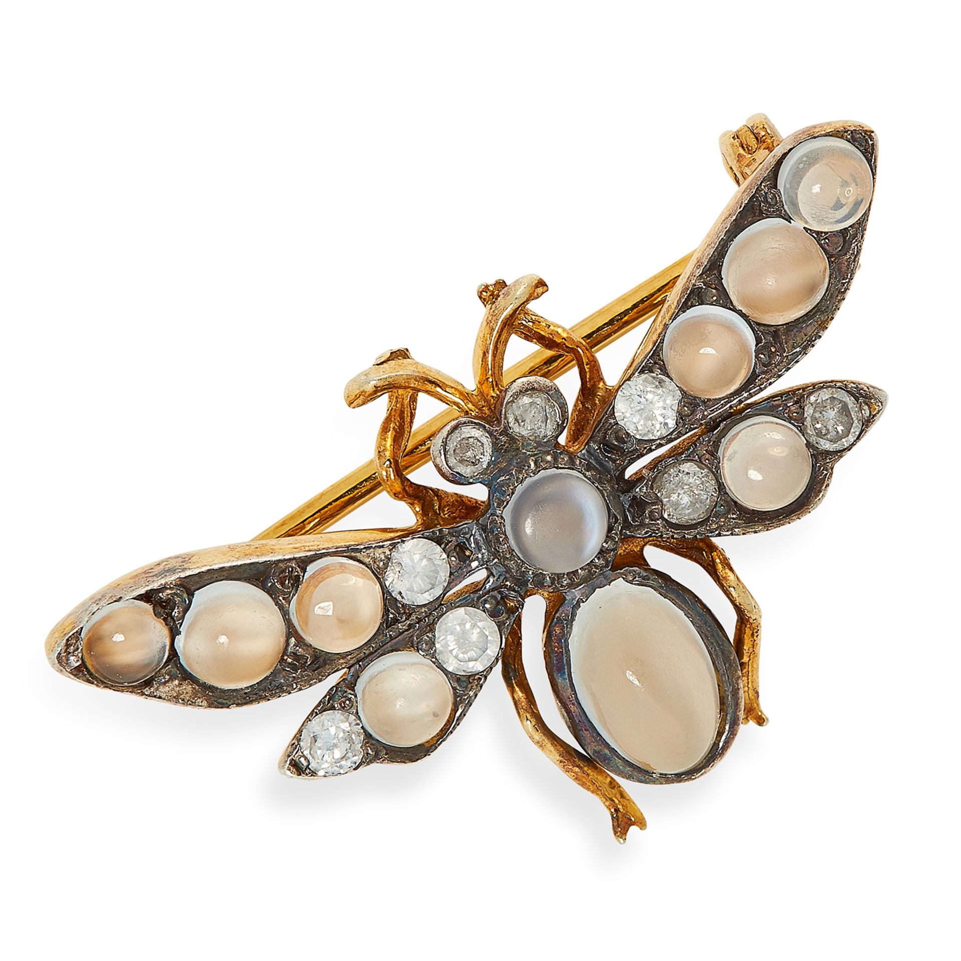 A MOONSTONE AND DIAMOND BUG BROOCH set with cabochon moonstones and round cut diamonds, 2.5cm, 2.9g.