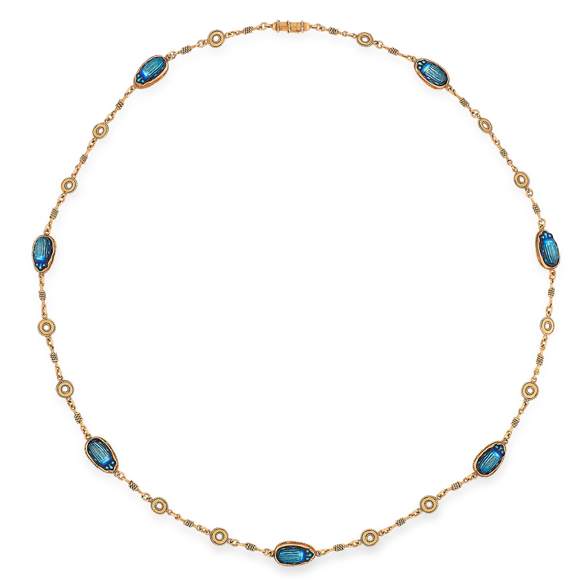 AN ANTIQUE FAVRILE GLASS BEETLE NECKLACE, TIFFANY & CO in the Egyptian revival manner, comprising