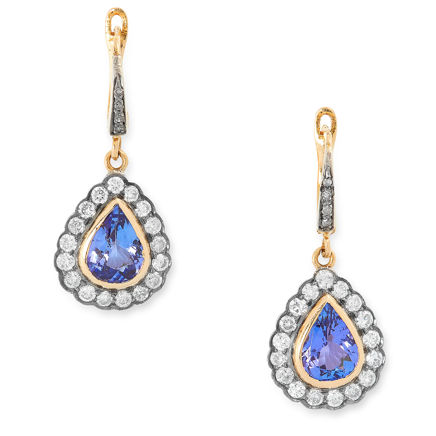 A PAIR OF TANZANITE AND DIAMOND CLUSTER EARRINGS each set with a pear cut tanzanite in a cluster