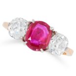 A BURMA NO HEAT RUBY AND DIAMOND THREE STONE RING set with a central Burma ruby of 1.67 carats