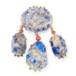 ANTIQUE HARDSTONE AND CORAL BROOCH set with polished hardstone cabochons and coral beads, 6cm, 29.