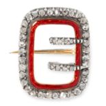 AN ANTIQUE DIAMOND AND ENAMEL BROOCH designed to depict a buckle, set with rose cut diamonds and red