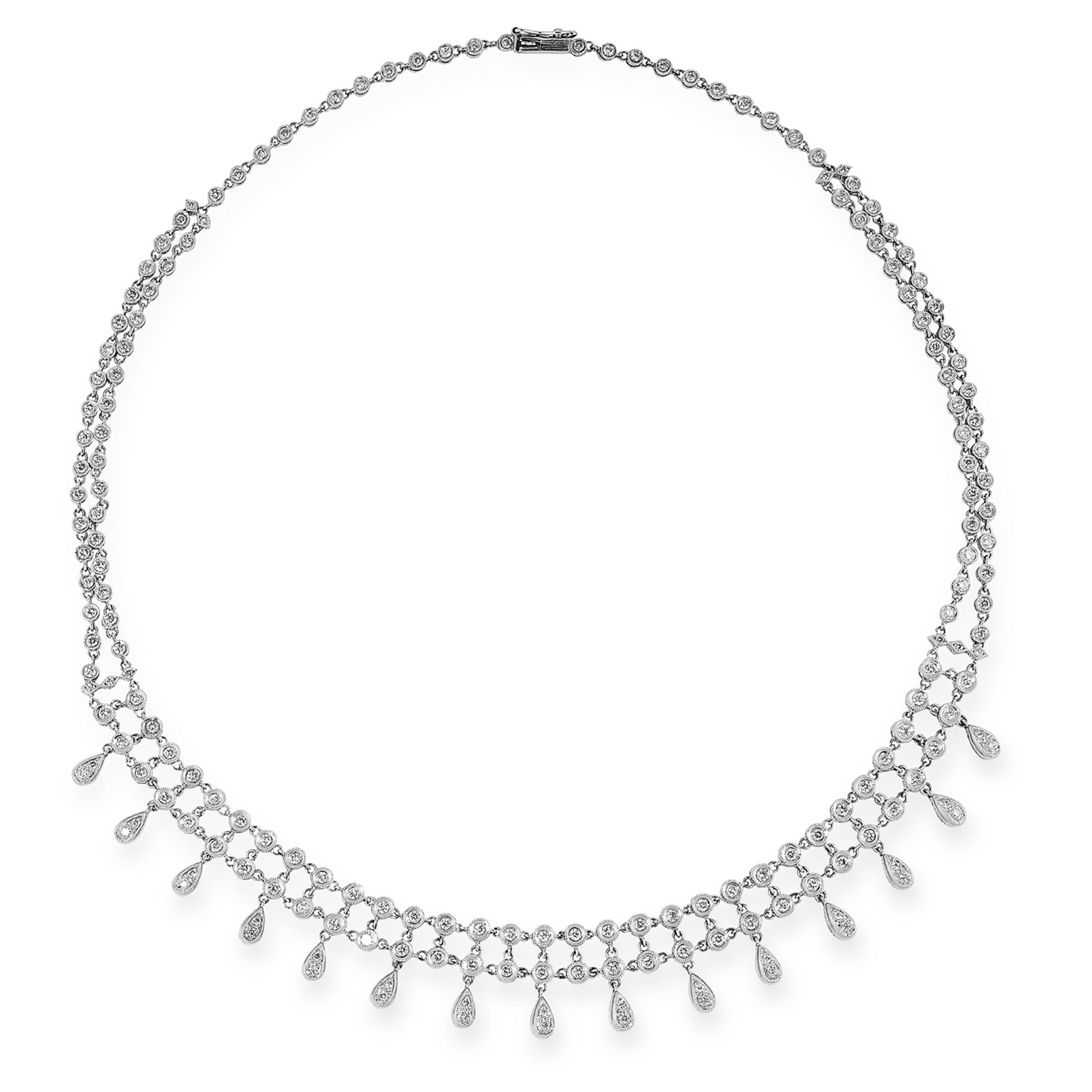 A DIAMOND FRINGE NECKLACE set with round cut diamonds totalling 3.0-4.5 carats, British hallmarks,